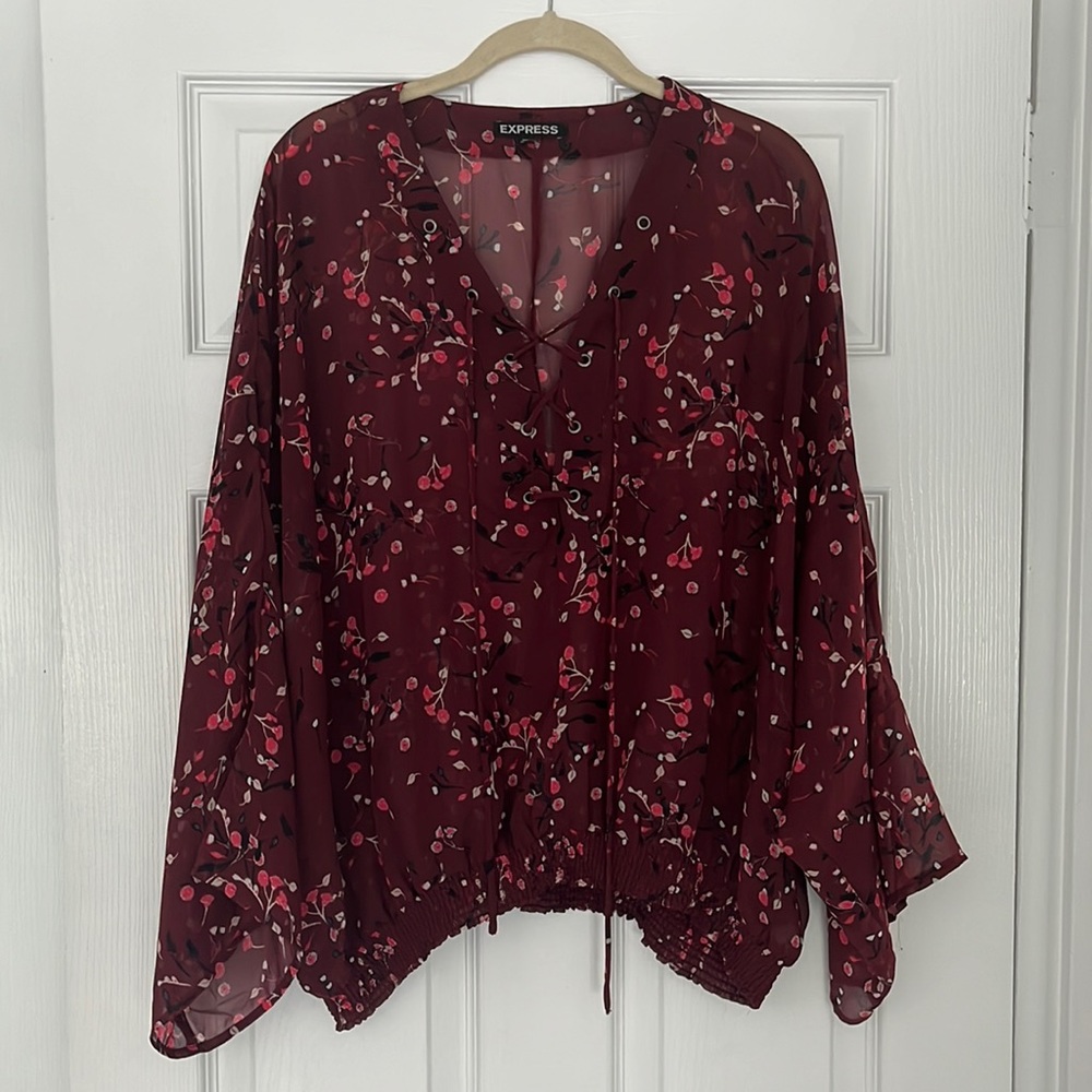 EXPRESS Floral Wide-sleeve Crisscross Blouse
